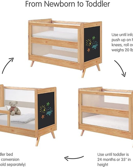 BreathableBaby Breathable Mesh 3-in-1 Convertible Crib (Toddler Bed Kit Sold Separately) — Beech & Chalkboard — Two Adjustable Mattress Heights — Greenguard Gold Certified - LeafyLoom
