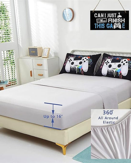 KAKKI 5 Piece Boys Full Gamer Comforter Set with Sheets, 3D Colorful Video Game Controller Comforter for Kids Teen, All Season Soft Microfiber Gaming Bedding Set(White,Full) - LeafyLoom
