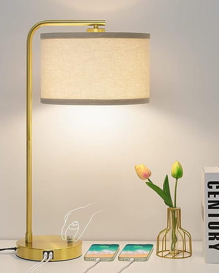 Fully Dimmable Bedside Lamp with Dual USB Ports, Mordern Gold Nightstand Lamp Desk Reading Lamp with Beige Drum Shade, Tall Side Table Lamp for Living Room Bedroom Office, 9W LED Bulb Included - LeafyLoom