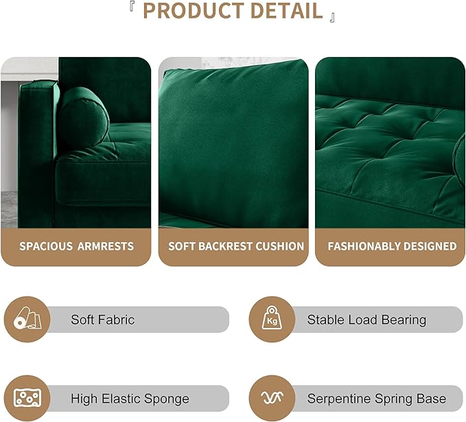 Velvet Furniture for Small Spaces, Mid-Century Modern Loveseats for Living Room, Love Seat Couch Sofas, 70 Inches, Green - LeafyLoom