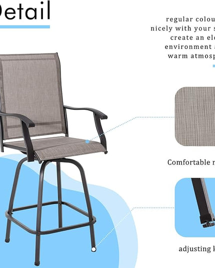 Shintenchi Patio Swivel Bar Set, All Weather Textile Fabric Outdoor High Stool Bistro Set with 2 Bar Chairs and Glass Table for Home, Backyard, Garden, Lawn, Porch (Brown), 3 Pieces - LeafyLoom