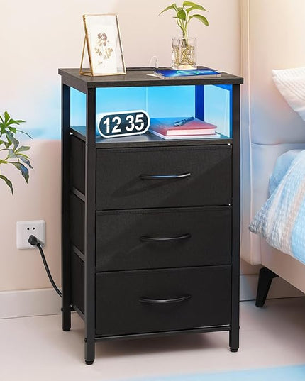 Yoobure Night Stand with Charging Station, 20 Colors LED Nightstand with USB Ports and Outlets, End Table with 3 Fabric Drawers and Storage Shelf, Bedside Tables Small Dresser for Small Space, Grey - LeafyLoom