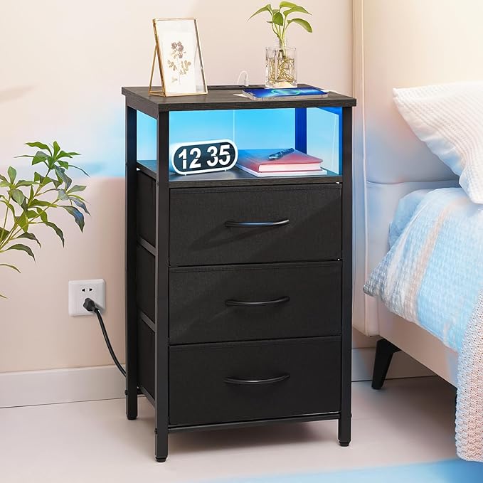 Yoobure Night Stand with Charging Station, 20 Colors LED Nightstand with USB Ports and Outlets, End Table with 3 Fabric Drawers and Storage Shelf, Bedside Tables Small Dresser for Small Space, Grey - LeafyLoom