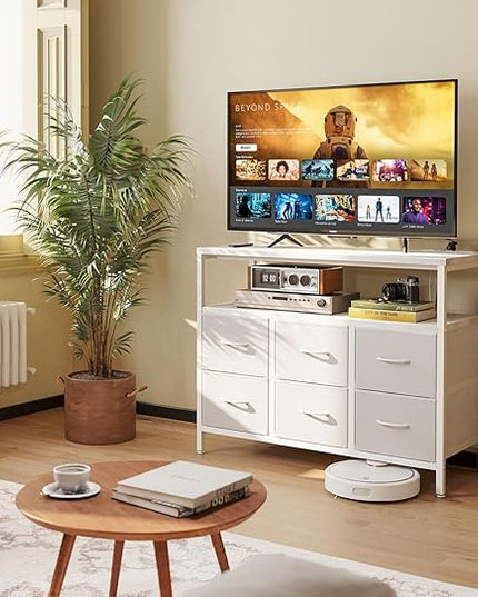 AODK TV Stand with Power Outlet, 40" Long TV Stand with 6 Large Fabric Drawers, Entertainment Center with Open Shelves for 55 Inch TV, Living Room, White Leather - LeafyLoom