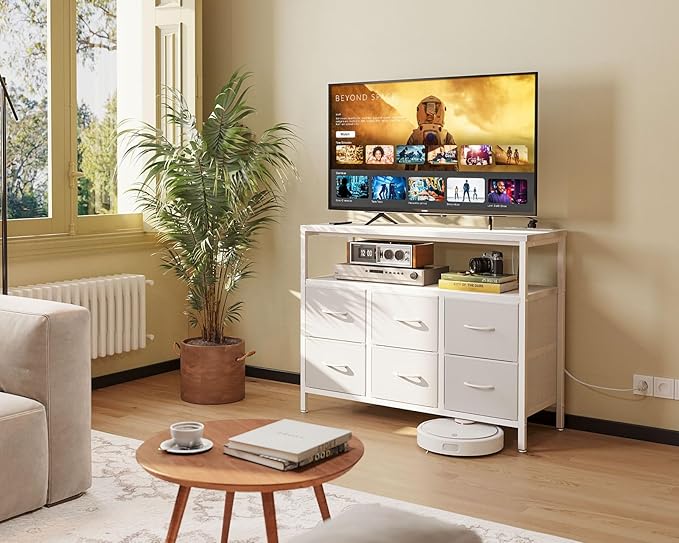 AODK TV Stand with Power Outlet, 40" Long TV Stand with 6 Large Fabric Drawers, Entertainment Center with Open Shelves for 55 Inch TV, Living Room, White Leather - LeafyLoom