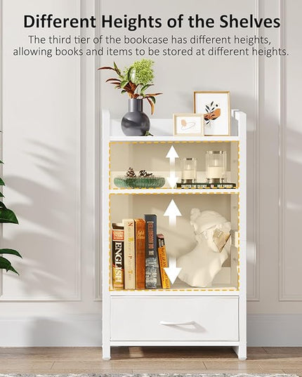 Small Bookshelf with Drawer - 4-Tier Wood Book Shelf Industrial Narrow Bookcase Storage Organizer Metal Stackable Shelves for Desktop Bedroom Living Room Home Office (White) - LeafyLoom
