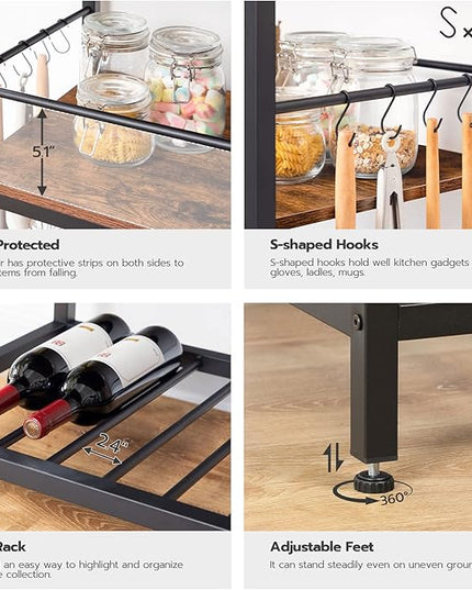 HOOBRO Kitchen Island with Storage, Kitchen Island Table with Power Outlet, 3 Tier Coffee Station and Microwave Stand, for Home, Kitchen and Dining Room, Rustic Brown and Black BF021ZD01 - LeafyLoom