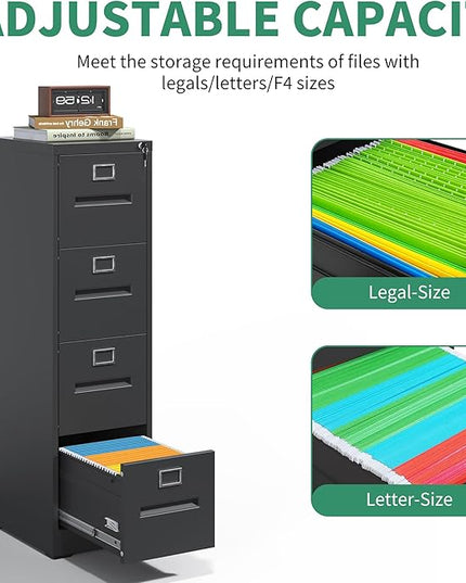 4 Drawer File Cabinet,Metal Filing Cabinets with Lock,Black Vertical File Cabinet for Home Office,Heavy Duty Metal Storage Cabinet for A4/Letter/Legal Size File,Assembly Required - LeafyLoom