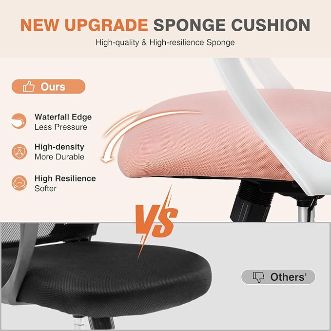 Sweetcrispy Office Computer Desk Chair, Ergonomic High-Back Mesh Rolling Work Chairs with Wheels and Adjustable Headrests, Comfortable Lumbar Support, Comfy Armrest for Home, Bedroom, Study, Pink - LeafyLoom