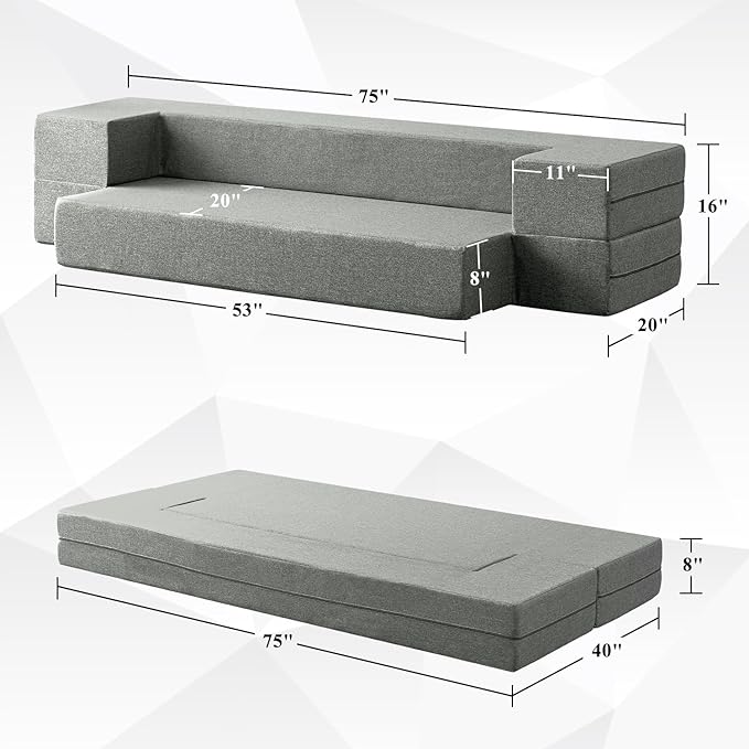 Convertible Folding Sofa - Modern Linen Fabric Coffee Table, Foldable Floor&Futon Couch, Space-Saving Chair with Pillow for Living Room/Dorm/Guest Room/Home Office/Apartment,Twin XL,Light Gray - LeafyLoom