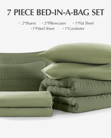 CASAAGUSTO Full Size Comforter Set, 7 Pieces Olive Green Seersucker Bed in a Bag Full Size Soft All Seasons, Bedding Sets Full with Comforter, Flat Sheet, Fitted Sheet, 2 Pillow Shams, 2 Pillowcases - LeafyLoom