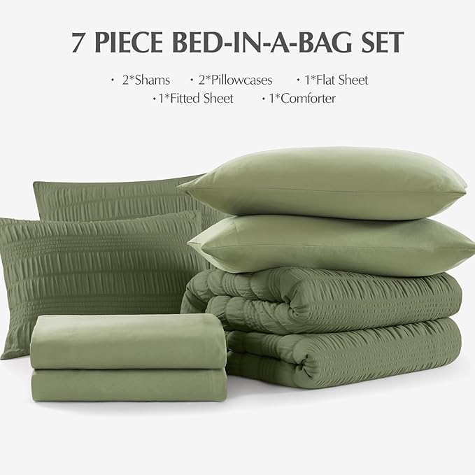 CASAAGUSTO Queen Comforter Set, 7 Pieces Olive Green Seersucker Bed in a Bag Queen Size Soft All Seasons, Bedding Sets with Comforter, Flat Sheet, Fitted Sheet, 2 Pillow Shams, 2 Pillowcases - LeafyLoom