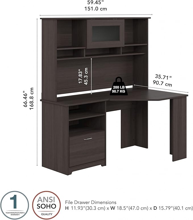 Bush Furniture Cabot 60W Corner Desk with Hutch in Heather Gray - LeafyLoom