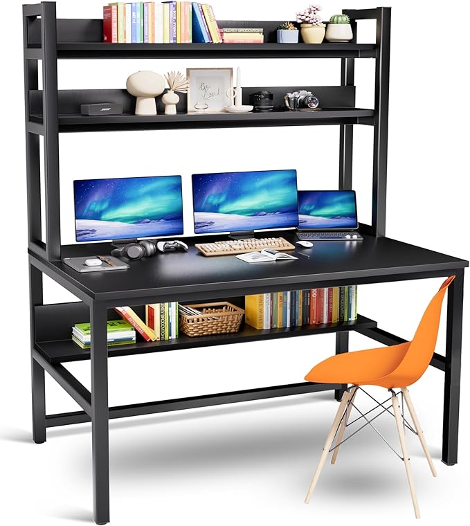 Aquzee Computer Desk with Hutch and Bookshelves, Large Leg Room 55 inch Width Black Desk with Space Saving Storage Shelves, Easy Assemble and All Hardware and Tools Included - LeafyLoom