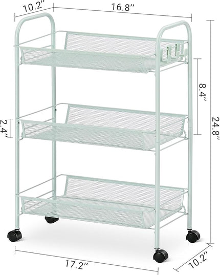 TOOLF 3-Tier Metal Rolling Cart, Mesh Wire Easy Assemble Utility Cart, Storage Trolley on Wheels with 3 Hooks, MetalStorage Shelving Units for Kitchen Bathroom Laundry Room - LeafyLoom