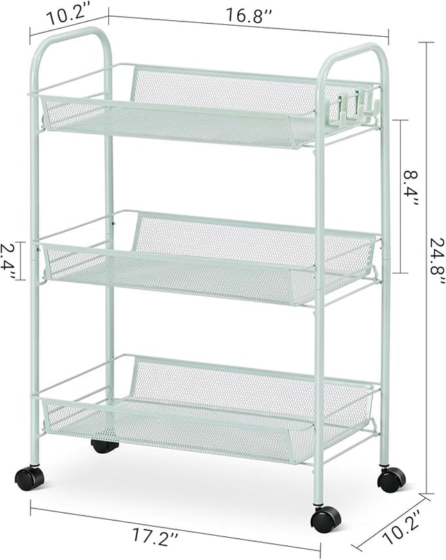 TOOLF 3-Tier Metal Rolling Cart, Mesh Wire Easy Assemble Utility Cart, Storage Trolley on Wheels with 3 Hooks, MetalStorage Shelving Units for Kitchen Bathroom Laundry Room - LeafyLoom