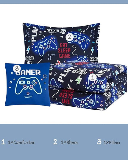 Kids Comforter Set Twin Size for Boys, Glow in The Dark Black Gamer Bedding Set Twin-1 Twin Comforter, 1 Decor Pillow, 1 Pillow Sham - LeafyLoom