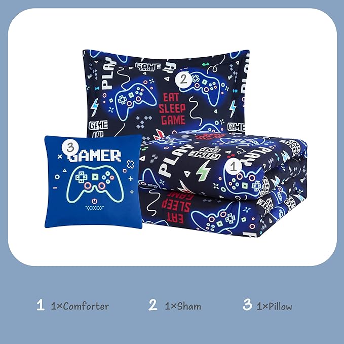 Kids Comforter Set Twin Size for Boys, Glow in The Dark Black Gamer Bedding Set Twin-1 Twin Comforter, 1 Decor Pillow, 1 Pillow Sham - LeafyLoom