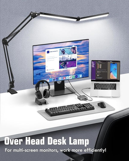 LED Desk Lamps for Home Office 2 in 1 Large Double Head Desk Lamp with Clamp & Base, Remote Control, Dimmable Architect Clip on Desktop Light Bar with Memory for Working, Crafting, Studying - LeafyLoom