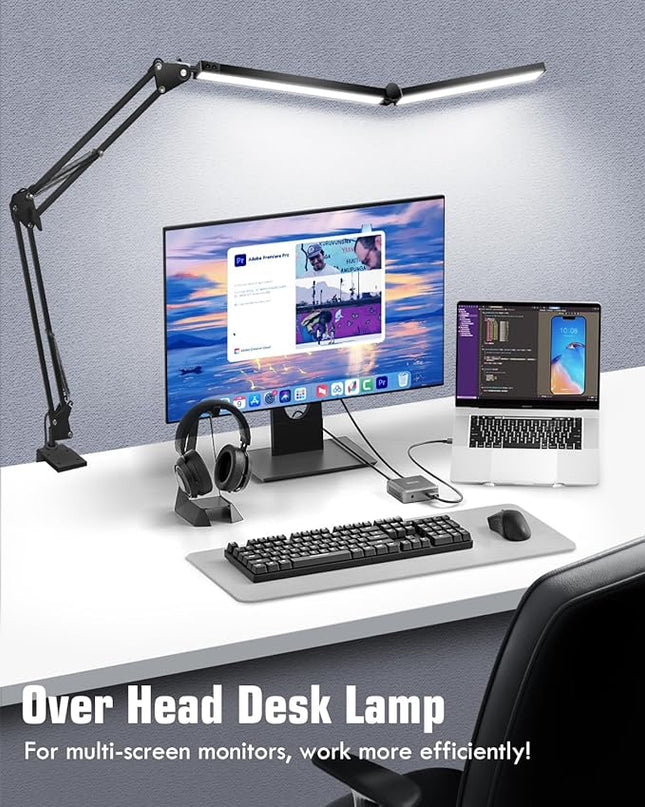 LED Desk Lamps for Home Office 2 in 1 Large Double Head Desk Lamp with Clamp & Base, Remote Control, Dimmable Architect Clip on Desktop Light Bar with Memory for Working, Crafting, Studying - LeafyLoom