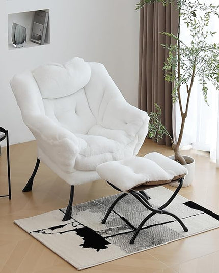 Lazy Chair with Ottoman, Modern Chair with Folding Footrest, Lounge Accent Chair, Comfortable Reading Chair (Plush White) - LeafyLoom
