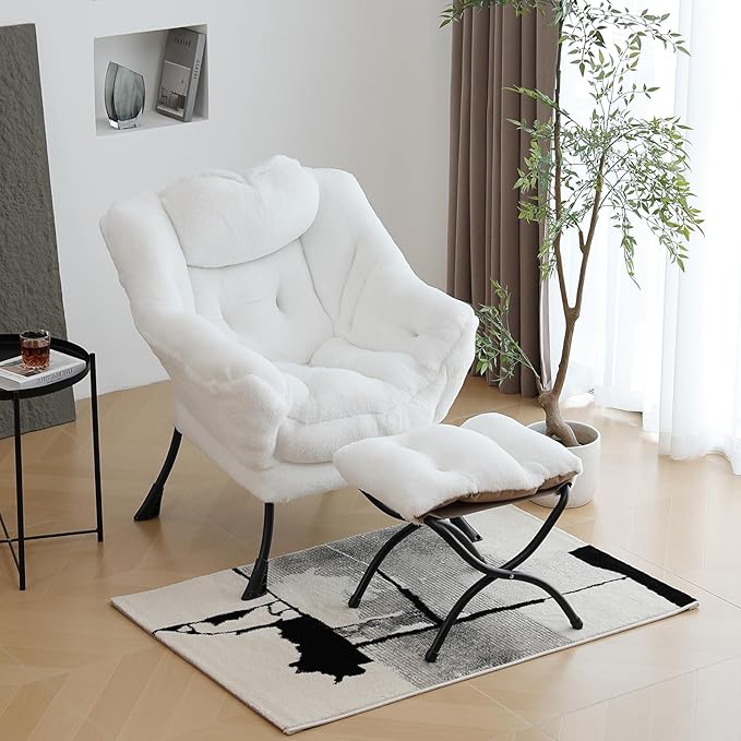 Lazy Chair with Ottoman, Modern Chair with Folding Footrest, Lounge Accent Chair, Comfortable Reading Chair (Plush White) - LeafyLoom