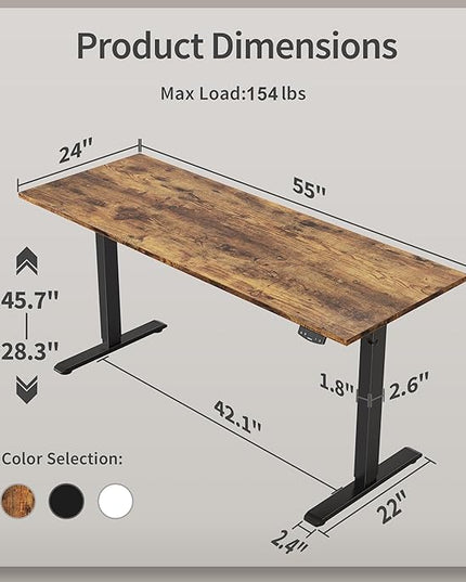 Electric Standing Desk, 55 x 24 Inches Height Adjustable Desk, Sit Stand up Desk for Work Office Home, Ergonomic Rising Computer Table with Memory Preset, Rustic Brown - LeafyLoom