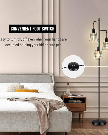 Industrial 3-Light Tree Floor Lamp with Cup-shaped Cages Farmhouse Rustic Tall Standing Lamp for Living Room Vintage Elegant Black Pole Light with Edison E26 Base Metal Shade for Bedroom Office Hotel - LeafyLoom