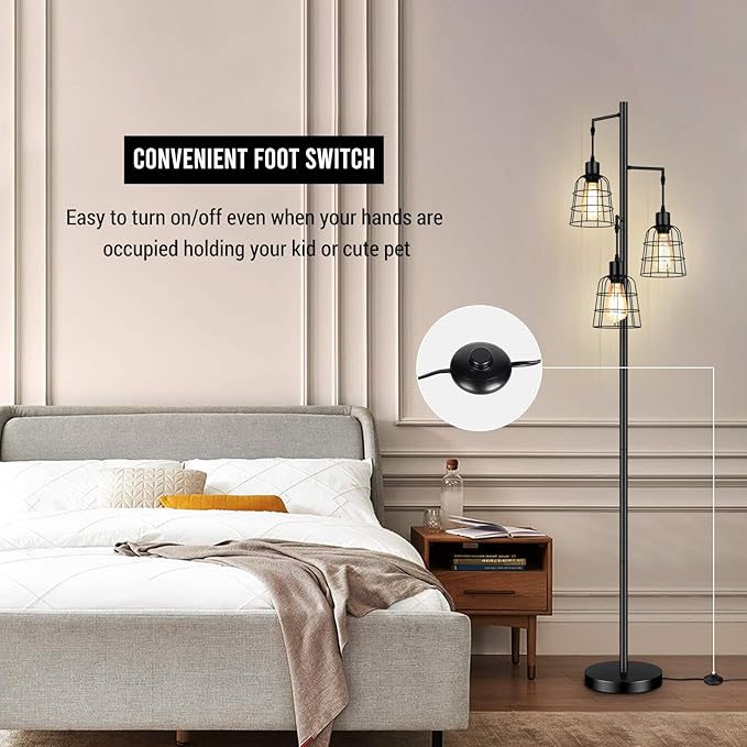 Industrial 3-Light Tree Floor Lamp with Cup-shaped Cages Farmhouse Rustic Tall Standing Lamp for Living Room Vintage Elegant Black Pole Light with Edison E26 Base Metal Shade for Bedroom Office Hotel - LeafyLoom