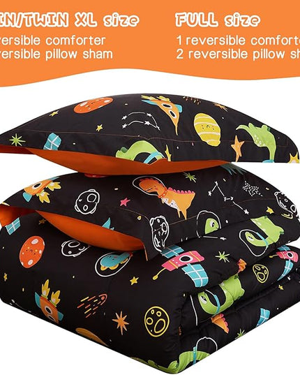Space Dinosaur Kids Comforter Set for Boys Full Size, Cute Reversible Quilted Black Printed Bedding Set with Pillow Sham, Lightweight Soft Breathable Washable Bed Set 3 Piece - LeafyLoom