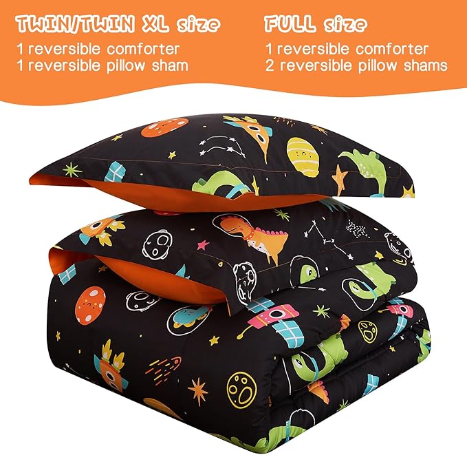 Space Dinosaur Kids Comforter Set for Boys Full Size, Cute Reversible Quilted Black Printed Bedding Set with Pillow Sham, Lightweight Soft Breathable Washable Bed Set 3 Piece - LeafyLoom