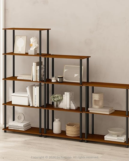 Furinno (99557LC/BK) Turn-N-Tube 4-Tier Multipurpose Shelf Display Rack - Light Cherry/Black - LeafyLoom