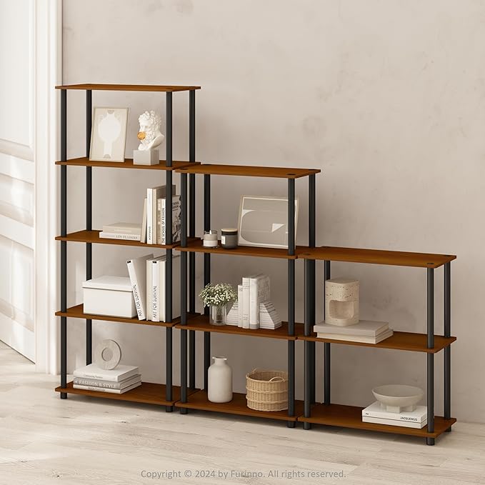 Furinno (99557LC/BK) Turn-N-Tube 4-Tier Multipurpose Shelf Display Rack - Light Cherry/Black - LeafyLoom