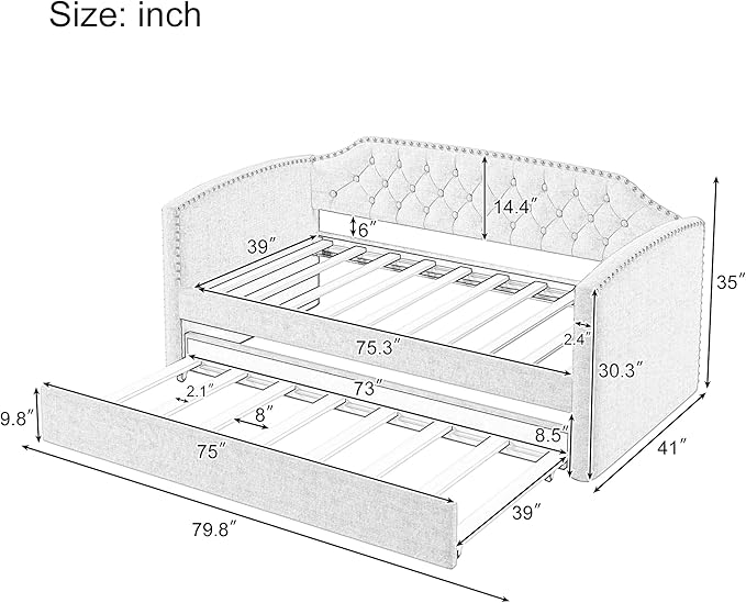 Merax Twin Size Upholstered Daybed with Trundle Bed, Linen Fabric Tufted Wooden Sofa Bed Frame for Living Room, Guest Room, Bedroom, Grey - LeafyLoom