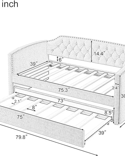 Merax Linen Upholstered Daybed with Twin Size Trundle Bed, Daybed Frame with Button Tufting for Living Room,Guest Room,Wood Slat Support, Beige - LeafyLoom