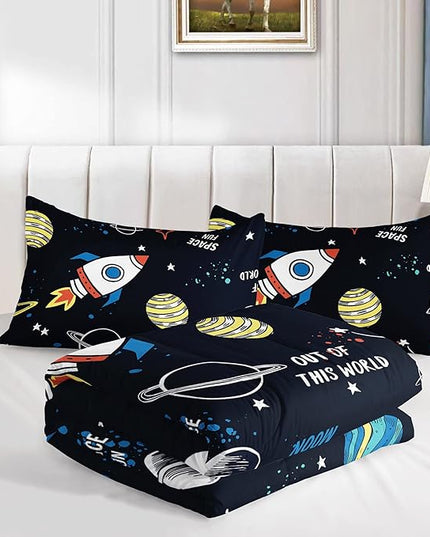 Datura home Space Ship Galaxy Comforter Set Astronaut Rocket Printed Quilt Bedding with 1 and 2 Pillowcases for Boys Girls Bedroom All Season(Space Queen), A-space, Queen 90x90inches - LeafyLoom