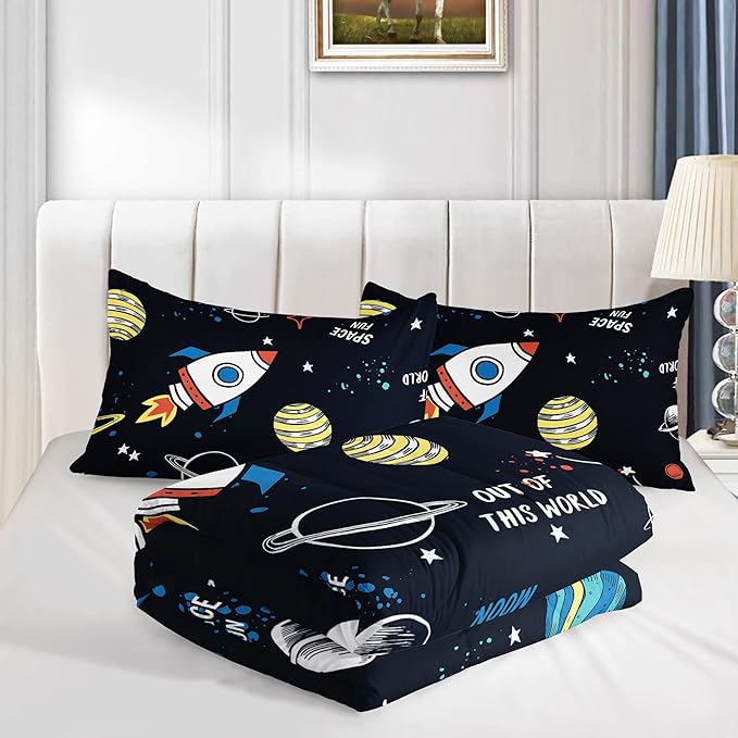 Datura home Space Ship Galaxy Comforter Set Astronaut Space Rocket Printed Quilt Bedding Set with 1 Comforter and 2 Pillowcases for Boys and Girls Bedroom All Season(Space Twin) - LeafyLoom