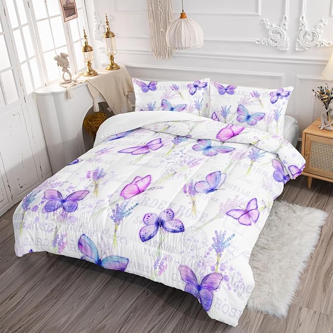 Purple Butterfly Comforter Set Full Size for Girls Kids Adults Lavender Flowers Pattern Bedding Set Aesthetics Butterflies Quilt Bed Set with 1 Comforter and 2 Pillowcases - LeafyLoom