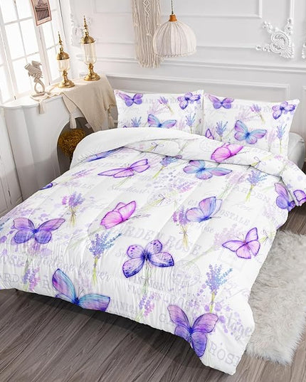 Purple Butterfly Comforter Set Twin Size for Girls Kids Adults Lavender Flowers Pattern Bedding Set Aesthetics Butterflies Quilt Bed Set with 1 Comforter and 2 Pillowcases - LeafyLoom