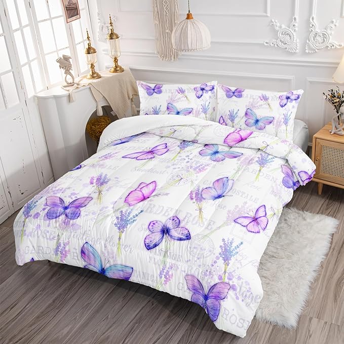 Purple Butterfly Comforter Set Twin Size for Girls Kids Adults Lavender Flowers Pattern Bedding Set Aesthetics Butterflies Quilt Bed Set with 1 Comforter and 2 Pillowcases - LeafyLoom