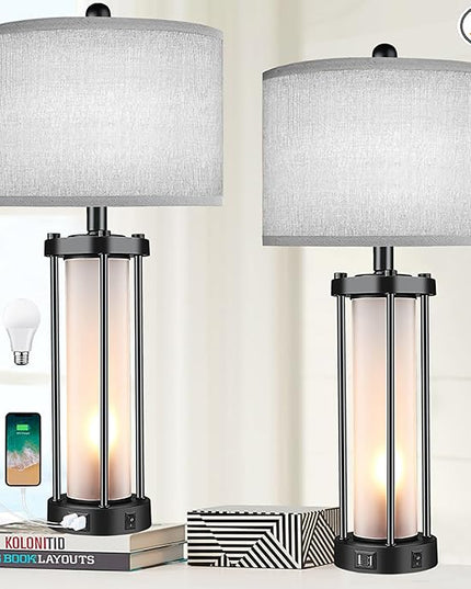 Table Lamps for Living Room Set of 2,26" Tall Bedside Farmhouse Table Lamps with LED Lantern Nightlight,Bedroom Nightstand Lamps with Dual USB Port Grey Fabric Shade (Bulbs Included) - LeafyLoom