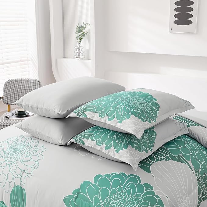 Yiran Grey Aqua Floral King Comforter Set Bed in a Bag Soft Microfiber Comforter Bedding Set 103"×90",7 Pieces (1 Comforter,2 Pillowcases,2 Pillow Shams,1 Flat Sheet,1 Fitted Sheet) - LeafyLoom