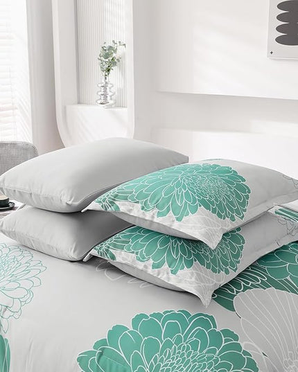 Yiran Grey Aqua Floral Queen Comforter Set Bed in a Bag Soft Microfiber Comforter Bedding Set 90"×90",7 Pieces (1 Comforter,2 Pillowcases,2 Pillow Shams,1 Flat Sheet,1 Fitted Sheet) - LeafyLoom
