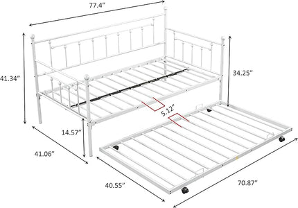 Twin Size Metal-Daybed with Trundle,Heavy-Duty Sturdy Metal,Noise Reduced,Trundle-Bed for Flexible Space,Vintage Style,No Box Spring Needed,for Kids Boys Girls Teens,Light Grey - LeafyLoom
