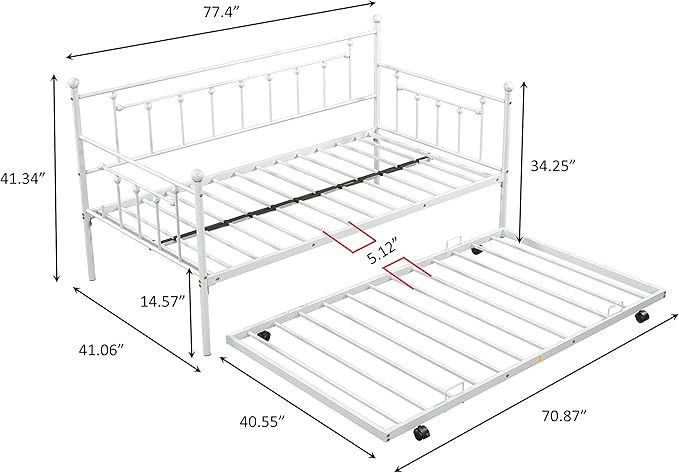 Twin Size Metal-Daybed with Trundle,Heavy-Duty Sturdy Metal,Noise Reduced,Trundle-Bed for Flexible Space,Vintage Style,No Box Spring Needed,for Kids Boys Girls Teens,Light Grey - LeafyLoom