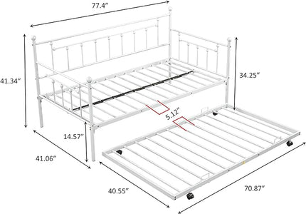 Twin Size Metal-Daybed with Trundle,Heavy-duty Sturdy Metal,Noise Reduced,Trundle-bed for Flexible Space,Vintage Style,No Box Spring Needed,Bedroom Living Room Furniture,LIGHT GREY - LeafyLoom