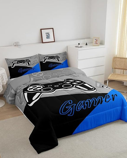 Feelyou Gaming Comforter for Boys Teen Video Game Bedding Set for Kids Gamer Comforter for All Season Gamepad Home Decor for Comforter Set Queen Size,1 Comforter with 2 Pillowcases Blue Black Grey - LeafyLoom