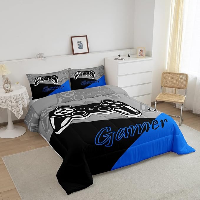 Feelyou Gaming Comforter for Boys Teen Video Game Bedding Set for Kids Gamer Comforter for All Season Gamepad Home Decor for Comforter Set King Size,1 Comforter with 2 Pillowcases Blue Black Grey - LeafyLoom