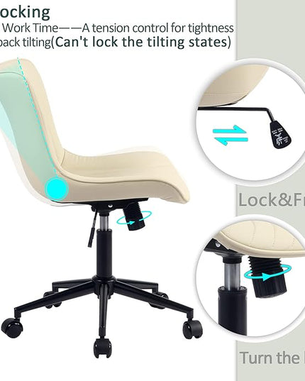YOUTASTE Office Chair Armless Desk Chair Small Computer Swivel Rolling Chair with Wheels, Modern Upholstered PU Leather Computer Sewing Chair, Adjustable Home Office Desk Chairs, Beige - LeafyLoom