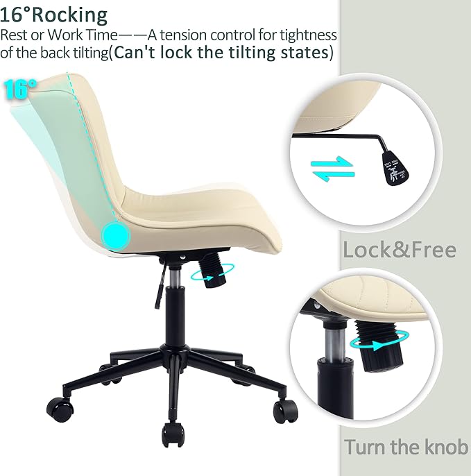 YOUTASTE Office Chair Armless Desk Chair Small Computer Swivel Rolling Chair with Wheels, Modern Upholstered PU Leather Computer Sewing Chair, Adjustable Home Office Desk Chairs, Beige - LeafyLoom